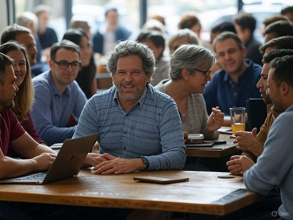 A group of people engaged in conversation at a large table in a casual setting.
