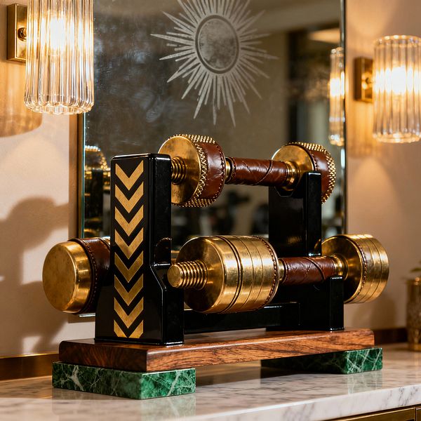 Close-up of a luxe home gym display featuring two gold-toned dumbbells with brown leather grips on a glossy black stand accented by brass chevrons. The set rests on a wood base with green marble blocks atop a white marble countertop, backed by a mirror etched with a sunburst and flanked by ribbed glass sconces with warm brass mounts.