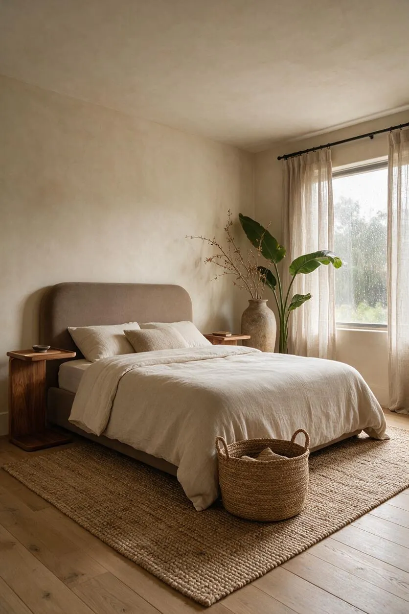 A serene guest bedroom with a rounded upholstered bed in neutral bedding, flanked by simple wooden nightstands. Sheer curtains filter daylight from a window beside a tall vase of dried branches and a large leafy plant, while a woven jute rug and basket add natural texture over light wood floors.