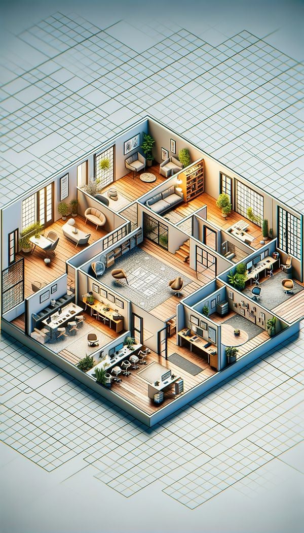 An open floor plan with different areas marked for specific activities, showing a logical flow between them.