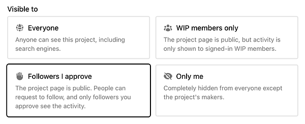 User interface for selecting project visibility settings with four privacy options.