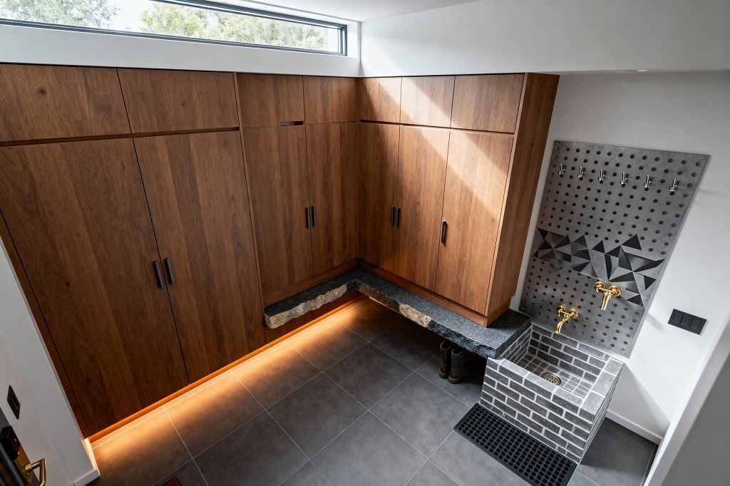 A contemporary mudroom features full-height L-shaped walnut cabinets with black pulls and warm LED lighting at the toe-kick. A floating dark stone bench with a chiseled edge lines the corner, while a gray brick dog-wash basin sits below a perforated gray tile splashback with a geometric band, brass wall-mounted taps, and metal hooks; large-format gray porcelain floor tiles and a narrow clerestory window complete the clean, durable space.
