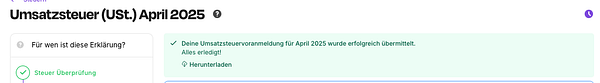 The image displays a tax submission confirmation interface for April 2025.