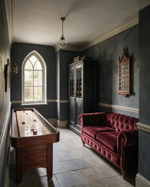 A narrow Gothic-style game room with dark charcoal walls, a pointed arched window, and a long wooden shuffleboard table. A deep burgundy tufted velvet sofa sits beside a black carved cabinet, with stone tile flooring, antique-style trim, and a small hanging glass light overhead.