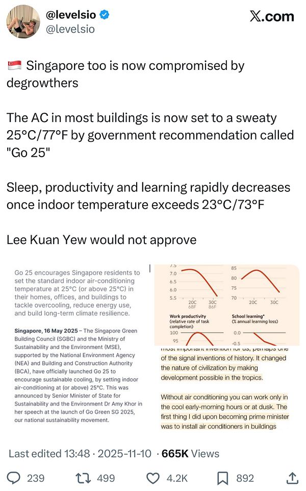 A tweet discussing Singapore's air conditioning regulations and their impact on productivity and learning.