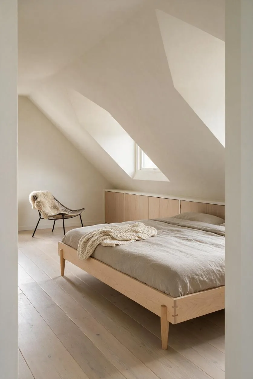 A serene Scandinavian guest bedroom with sloped white ceilings, a simple light wood bed, neutral bedding, and pale wood flooring. A woven lounge chair with a fur throw sits beside built-in wood storage under a small window.