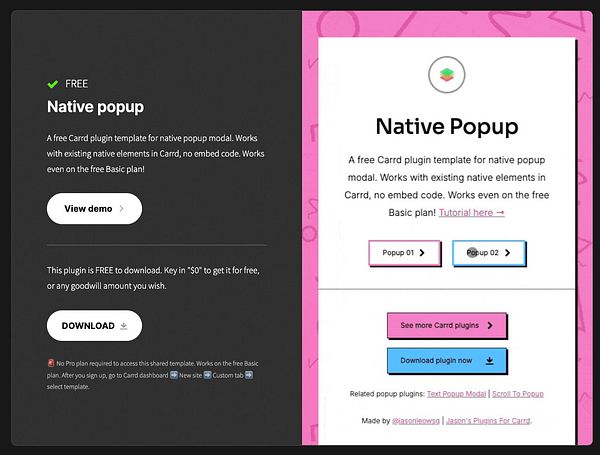 The image displays a promotional interface for a free Carrd plugin called 'Native Popup'.