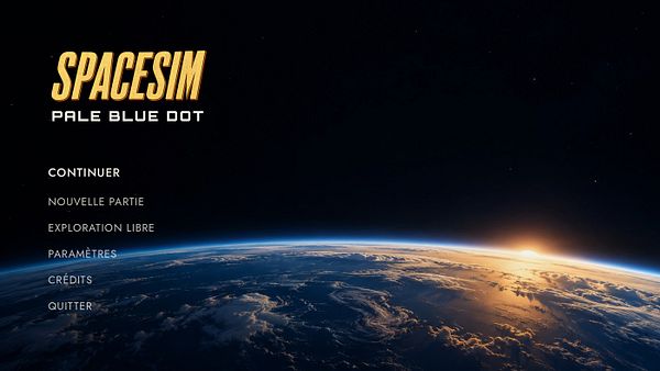 Start screen of the game SpaceSim Pale Blue Dot with game title and menu options over a sunrise view of Earth from space.