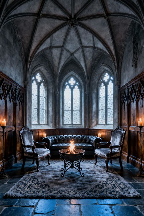 A moody Gothic living room with a rib‑vaulted stone ceiling and three tall pointed‑arch windows of leaded glass. Dark carved oak paneling wraps the walls around a black leather tufted sofa, two gray velvet armchairs, a wrought‑iron brazier burning at center on a thick patterned gray rug over slate flooring, with candles providing warm accent light.