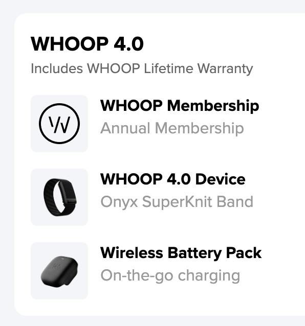 The image displays a promotional layout for the WHOOP 4.0 membership and device offerings.