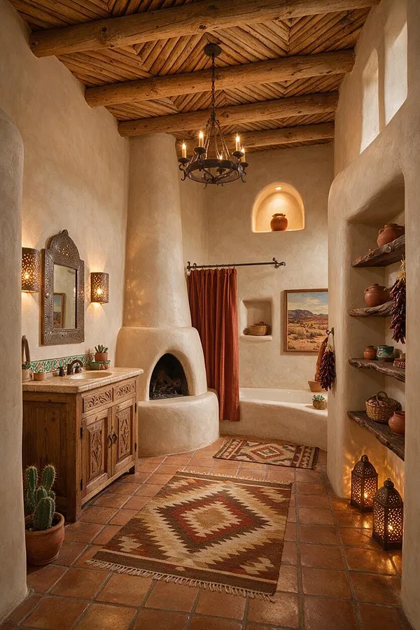 A Southwestern-style master bathroom with thick adobe walls, a carved wood vanity, terracotta tile floors, and a rounded kiva fireplace beside a deep soaking tub. A wood-beam ceiling, wrought-iron chandelier, patterned rugs, lanterns, and pottery shelves add warm rustic character.