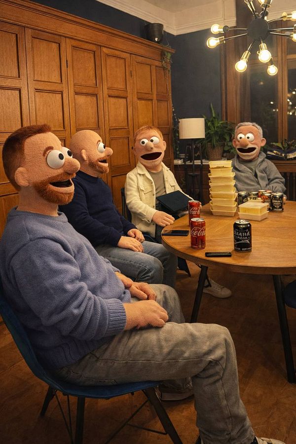 A group photo of five people, smiling and posing closely together indoors near a fireplace.