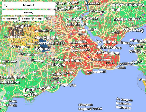 Browser screenshot showing a map of Istanbul with user-generated neighborhood tags in various languages and a highlighted 'Balat' area.