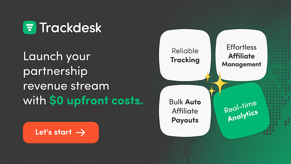 The image promotes Trackdesk, highlighting its features for partnership revenue management.