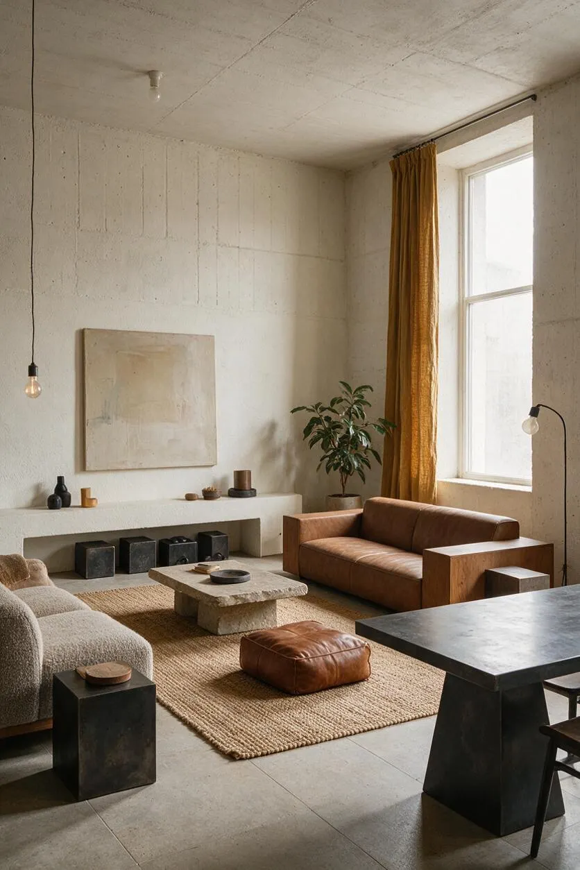 A minimalist room with raw concrete walls and ceiling, large window with mustard curtain, and earthy furniture in tan, beige, and black. Sculptural block-like pieces, a textured rug, potted plant, and low seating create a calm, grounded space suitable for a home gym lounge or recovery area.