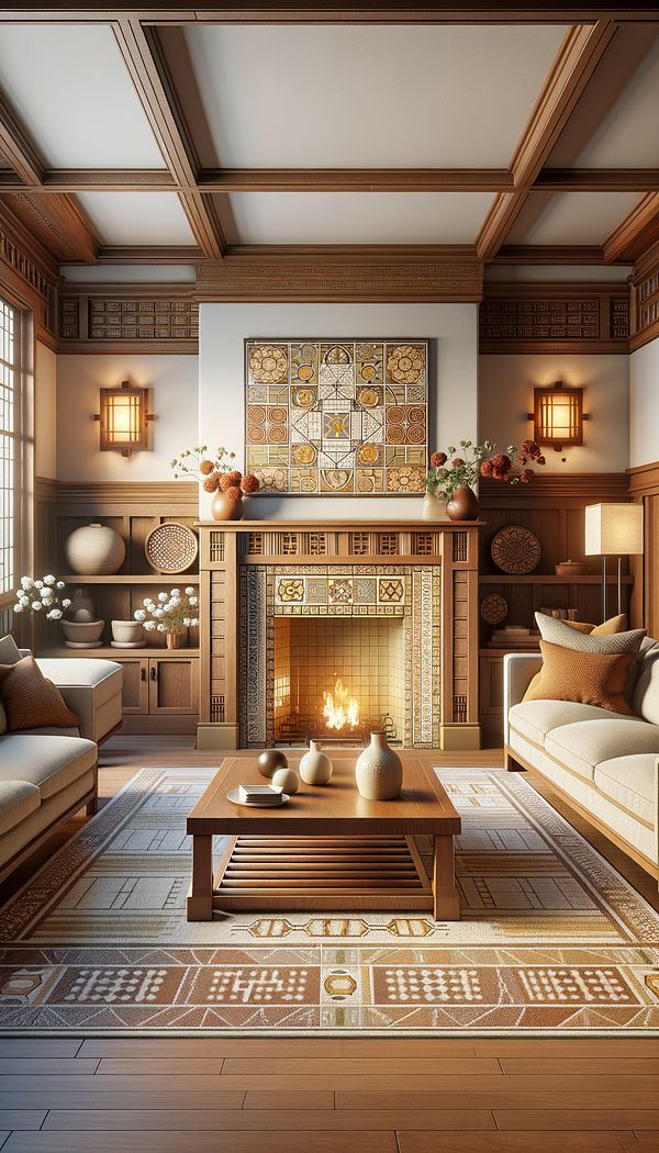 A cozy living room designed in the Arts & Crafts style, featuring wooden furniture with simple lines, a fireplace with artisan tiles, and nature-inspired decorative elements.