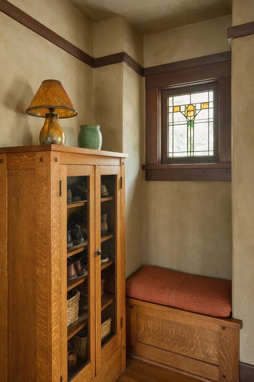 A compact Craftsman-style entryway with beige textured walls, dark wood trim, and a small stained glass window. A tall oak cabinet with glass doors stores shoes, while a built-in bench with a rust-colored cushion sits beneath the window.