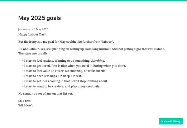A personal reflection on goals for May 2025, focusing on rest and creativity.