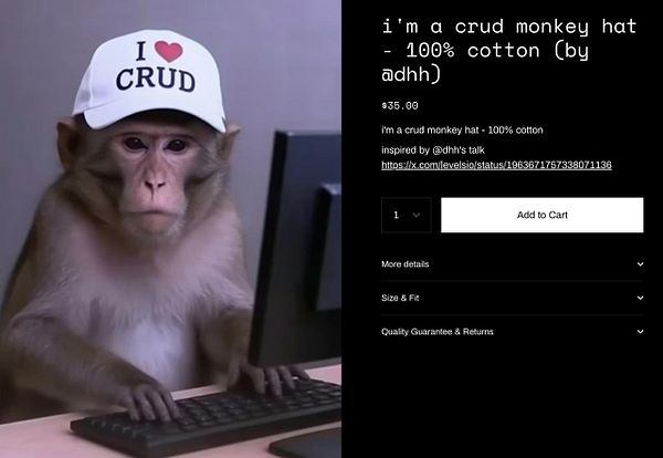 A monkey wearing a hat sits at a computer, promoting a 'CRUD Monkey Hat' product.
