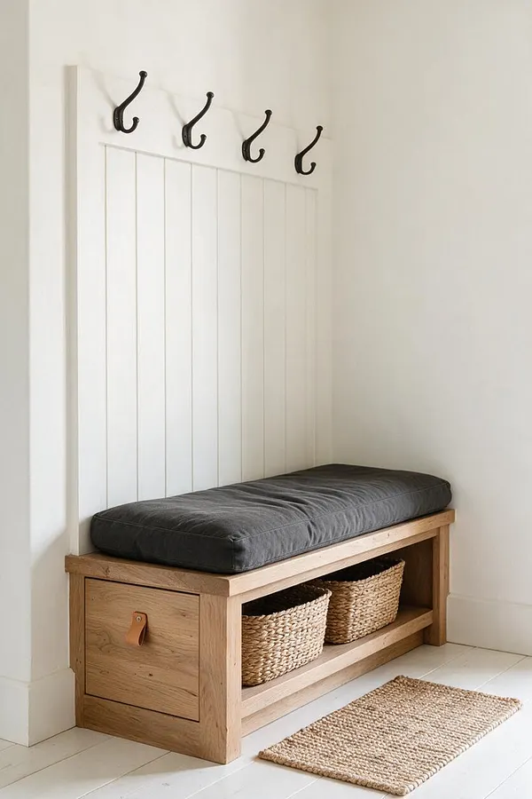 A farmhouse-style mudroom vignette with a white beadboard back panel and four black metal coat hooks above a light oak bench. The bench has a dark charcoal cushion on top, woven baskets stored underneath, and a natural jute mat on the pale painted floor.