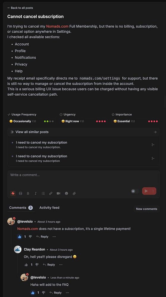 Screenshot of a mobile app screen with a menu for managing subscriptions and service settings.