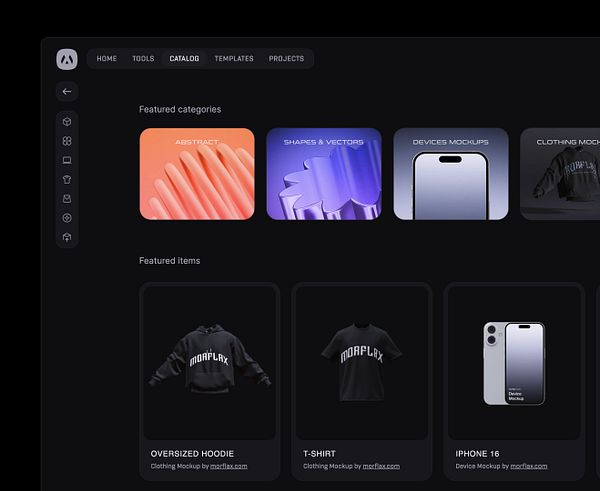 The image displays a dark-themed catalog interface featuring various design mockups and categories.