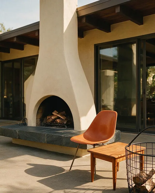An outdoor Mid-Century Modern patio with a sculptural stucco fireplace centered on a dark stone hearth, framed by large black-trimmed glass doors and exposed wood roof beams. An orange molded chair, a small wooden side table, and a wire firewood basket complete the warm, relaxed seating area.