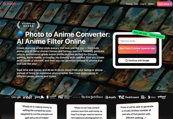 The image features a promotional webpage for a Photo to Anime Converter tool, showcasing its features and user interface.