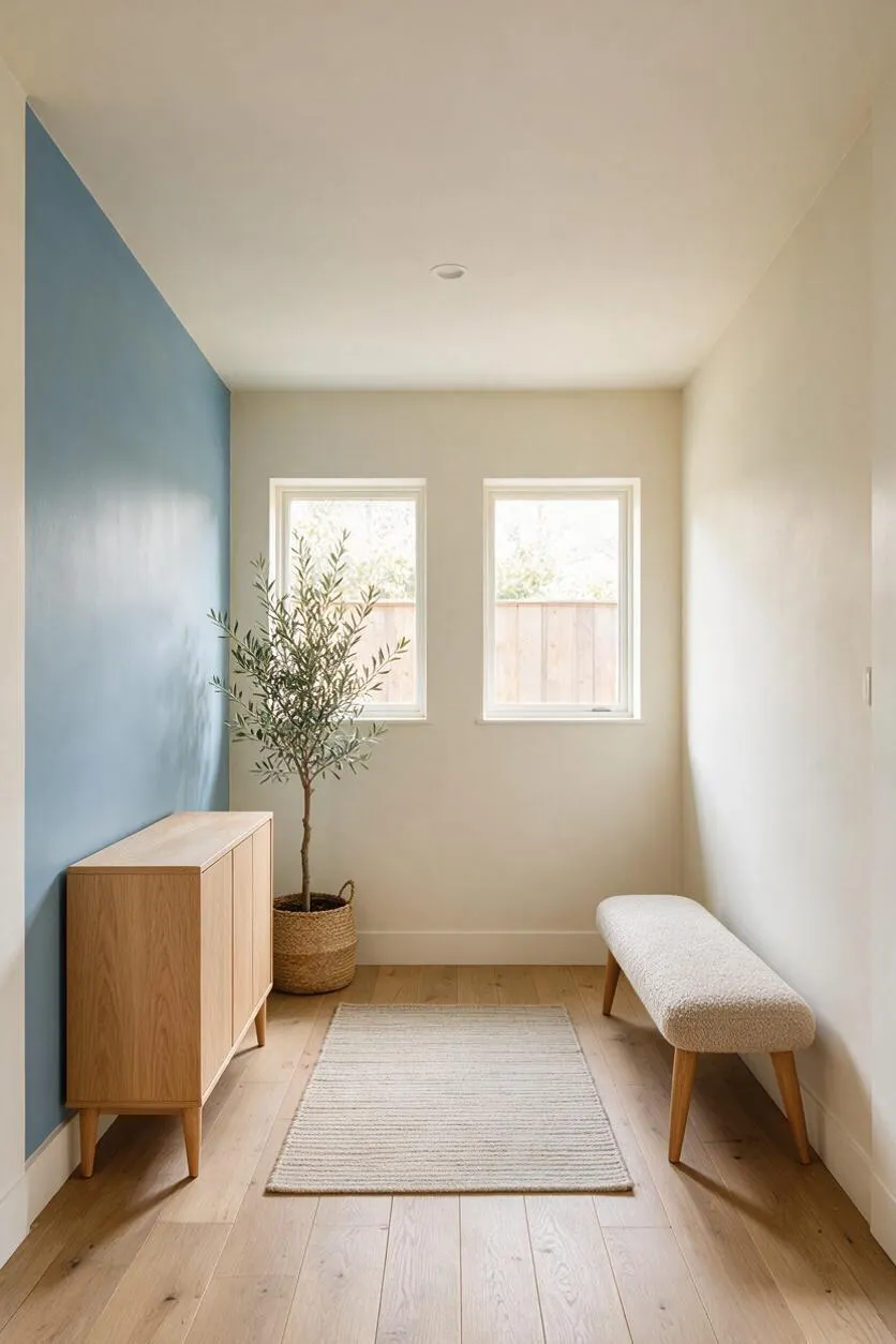 A narrow Scandinavian-style front porch with light wood floors, a blue accent wall, and two small windows at the far end. The space includes a pale wood cabinet on the left, a woven basket holding an olive tree, a cushioned bench on the right, and a neutral striped rug centered on the floor.