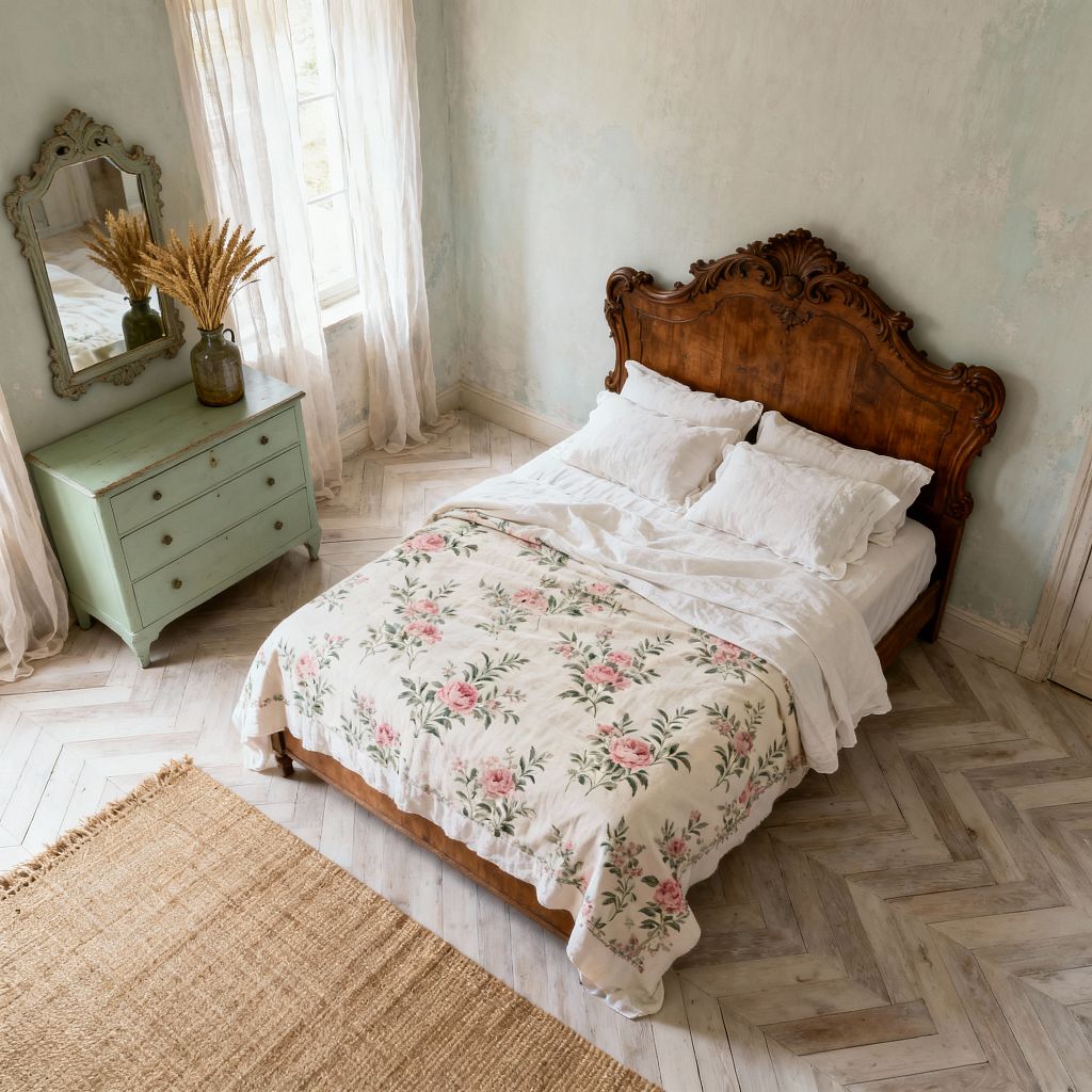 A sunlit French country bedroom features a richly carved wooden headboard with white pillows and a cream coverlet patterned with pink roses. To the left, a mint-green distressed chest sits below an ornate mirror, topped with a glass vase of dried wheat beside sheer curtains. Weathered pale blue-green plaster walls, a whitewashed herringbone wood floor, and a natural jute rug complete the light, rustic look.