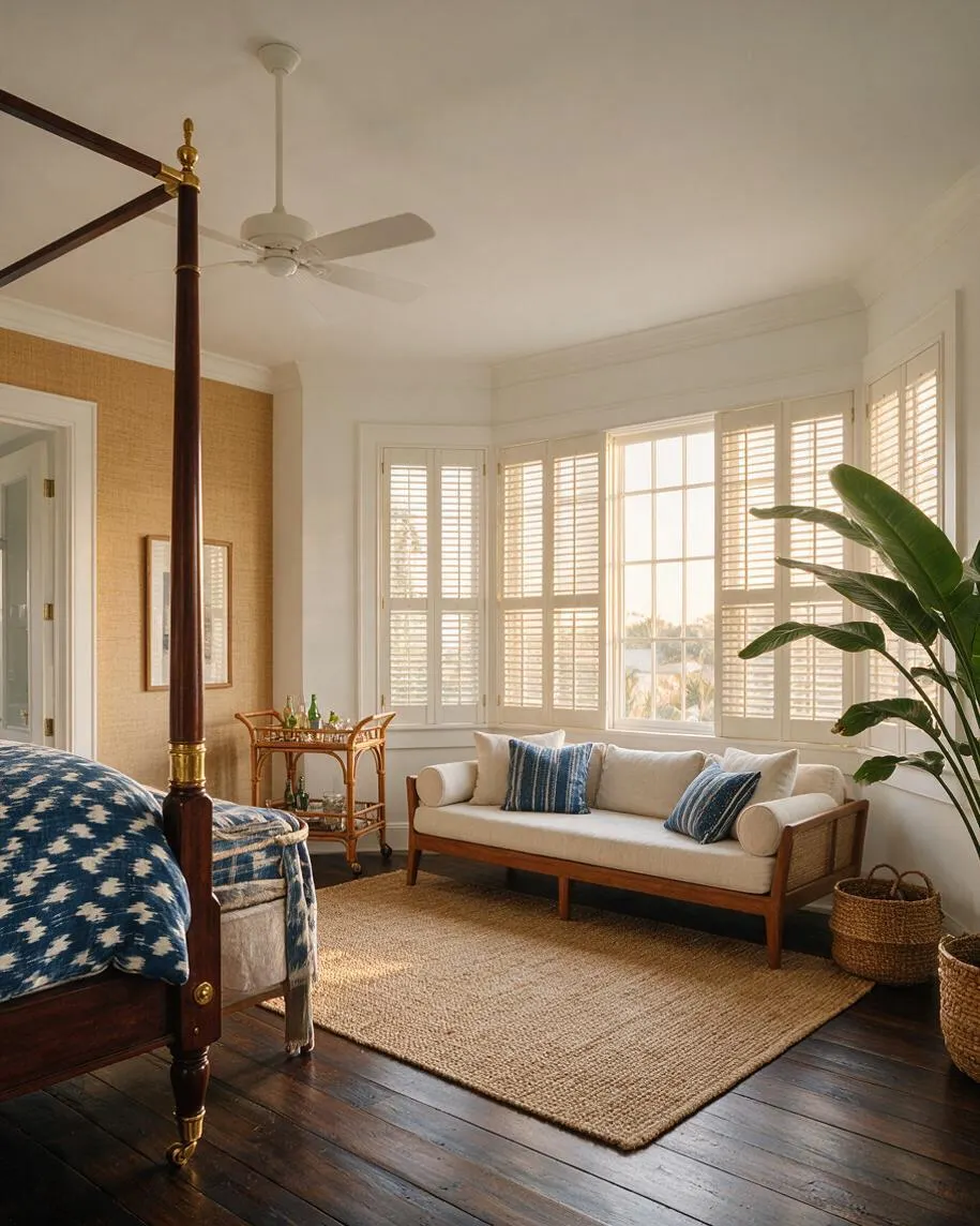 A tropical-style guest bedroom with a dark wood four-poster bed, cream upholstery, and blue patterned textiles. The room features white shutters around a bright bay window, a woven jute rug, wicker baskets, a rattan drink cart, and a large leafy plant.