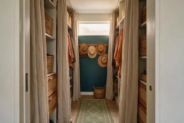 A narrow closet styled in bohemian fashion with open shelving, woven baskets, hanging clothes, and linen curtains framing both sides. At the back, a teal accent wall displays a row of straw hats above a wicker basket and a green patterned runner on the floor.