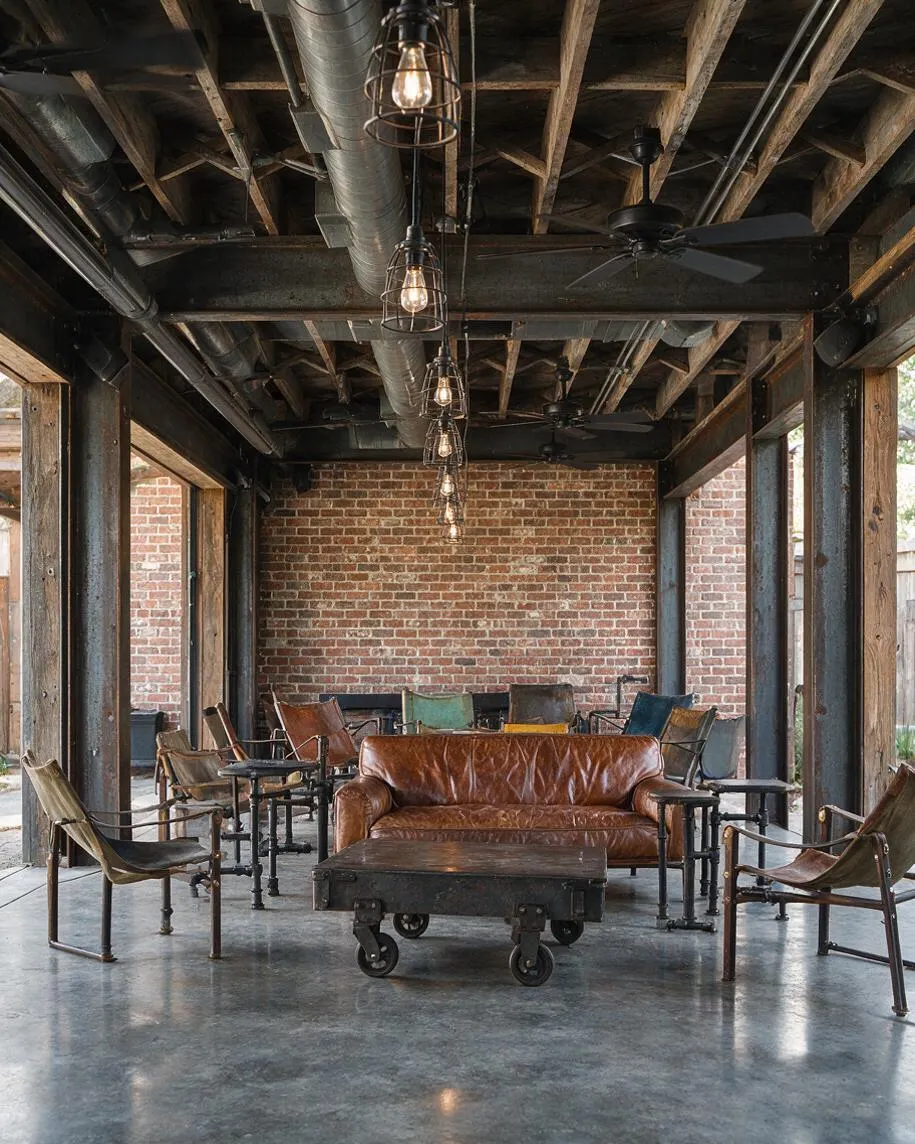 A covered backyard lounge with exposed wood rafters, black steel beams, ductwork, and hanging cage pendant lights. A brown leather sofa sits in the center with vintage metal-framed chairs around it, set against a red brick wall and polished concrete floor.