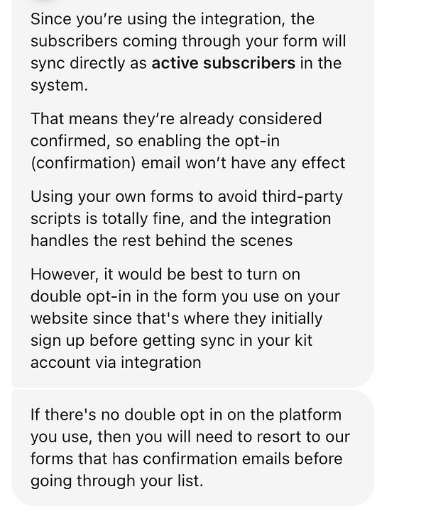 The image displays a text conversation regarding email subscriber integration and opt-in processes.