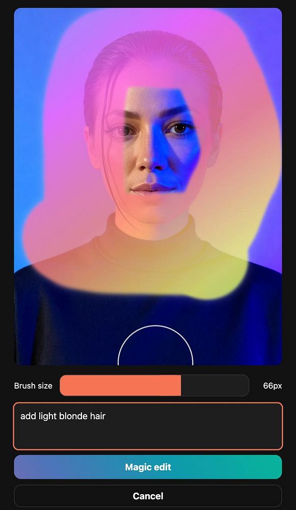 The image displays a photo editing interface for a portrait with a colorful brush overlay and editing options.