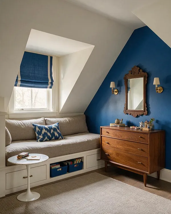 A cozy kids' room features a built-in daybed with a beige cushion and storage drawers underneath, set beneath a slanted ceiling and window with a blue roman shade. A deep blue accent wall holds an ornate vintage mirror and brass sconces above a mid-century wooden dresser, while a small round pedestal table and woven rug complete the room.