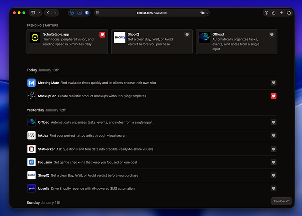 Screenshot of a list-view design for featuring startups, displaying startup names, countries, tags, and ratings in a vertical format.