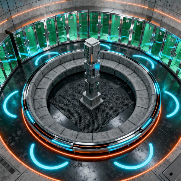 High-tech mudroom with a circular gray upholstered bench surrounding a central concrete pillar set on a perforated steel mat, all placed on a glossy black floor. Around the perimeter, brushed concrete walls are lined with stainless-steel lockers fitted with teal tempered-glass doors, while electric cyan and neon orange LED strips trace arcs along the floor and ring, reflecting light and emphasizing the space’s futuristic, organized layout.