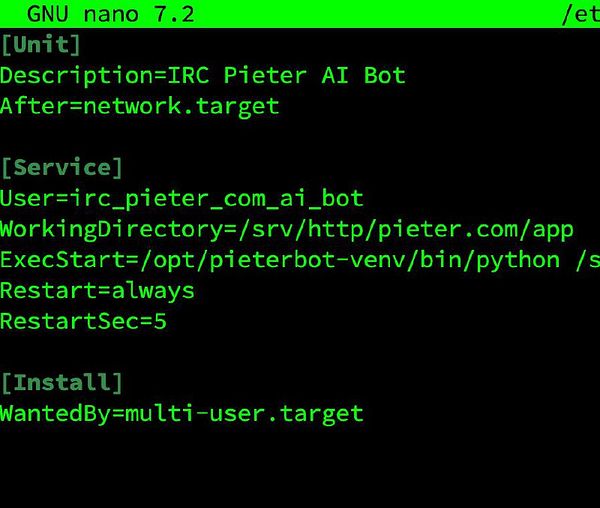 The image displays a configuration file for a systemd service for an IRC chat bot.