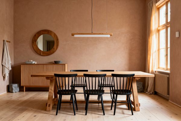 A Scandinavian dining room with a long oak trestle table and six black spindle-back chairs against rosy terracotta plaster walls. A fluted oak sideboard with a round oak mirror sits to the left, topped with stone bowls; rough granite blocks rest on the floor. A slim wood-and-opal glass pendant hangs over the table, while sunlight filters through a wood-framed window with beige linen curtains onto pale wood floors and a simple wall peg rail.