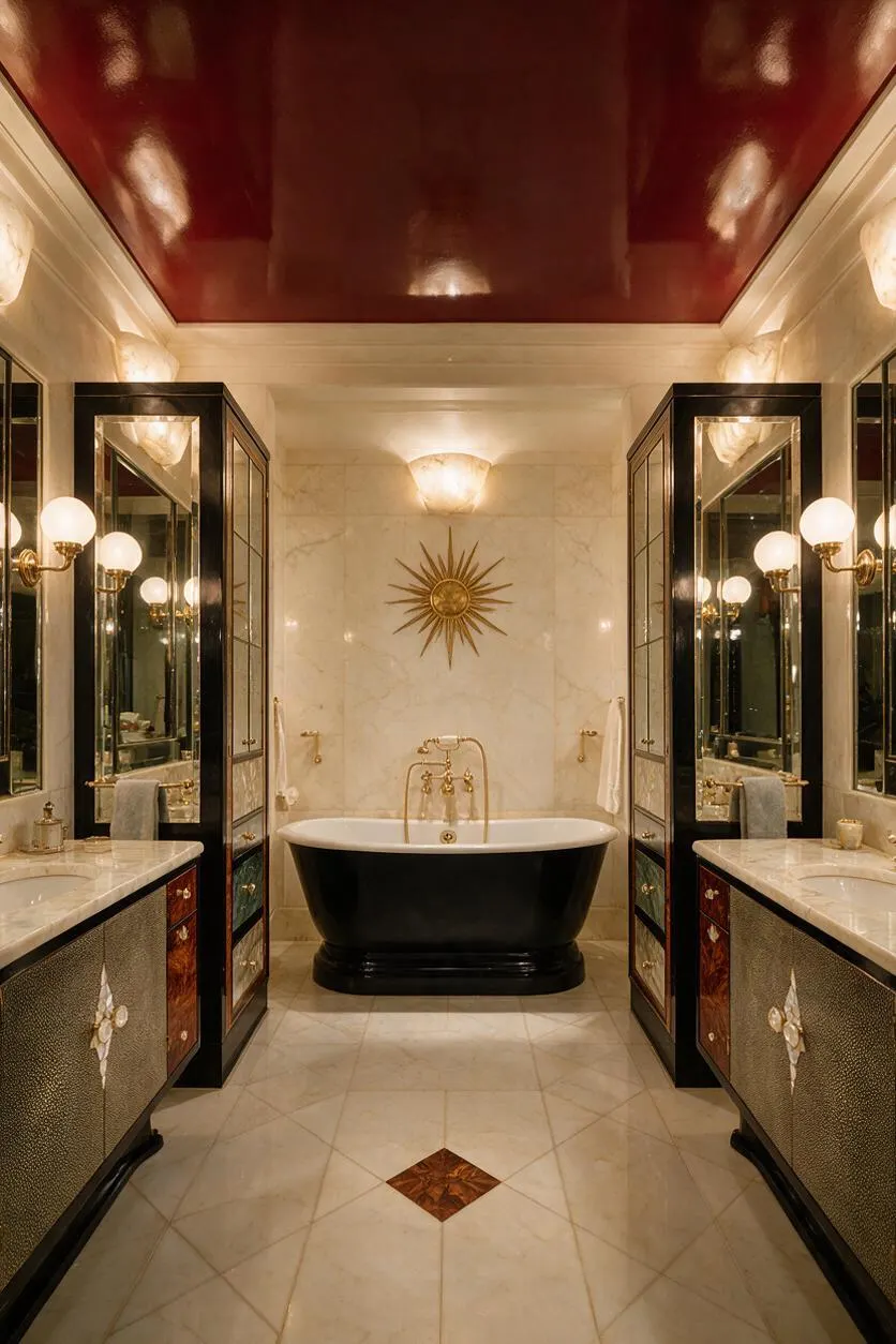 A symmetrical master bathroom in Art Deco style featuring a glossy deep red ceiling, cream marble walls and floor, and a black freestanding tub centered beneath a gold sunburst sculpture. Matching vanity cabinets with mirrored panels, brass fixtures, and globe sconces line both sides, creating a glamorous, formal atmosphere.