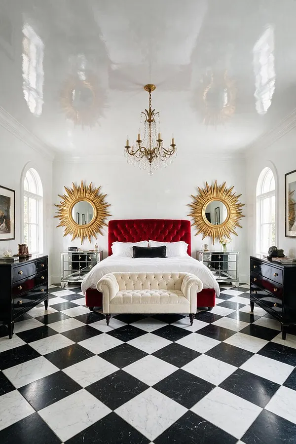 A luxurious guest bedroom with a glossy white ceiling, crystal chandelier, and black-and-white checkered marble floor. A deep red velvet tufted bed sits centered between two gold sunburst mirrors, flanked by mirrored nightstands and black dressers, with a cream tufted bench at the foot of the bed.