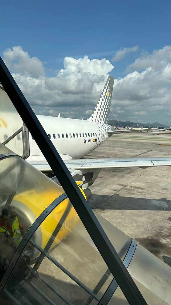 An airplane is parked at the airport with a clear view of its tail and engine.