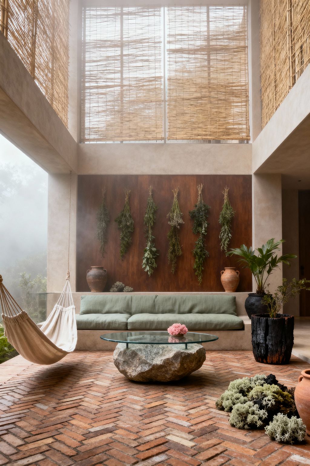 A double-height living room with herringbone terracotta brick flooring centers a low sage-green sofa against a warm wood panel wall displaying bundles of dried herbs. A round glass coffee table sits atop a large natural stone boulder. To the left hangs a cream canvas hammock; terracotta urns and a charred black planter with leafy greenery frame the seating. High windows with woven reed shades filter soft daylight, while moss clusters on the floor reinforce the tranquil, nature-led ambiance.