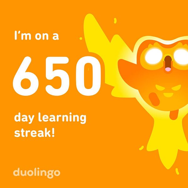 A vibrant graphic celebrating a 650-day learning streak on Duolingo.
