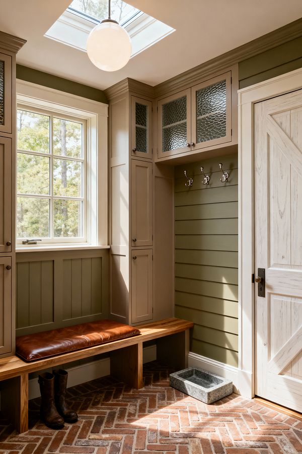 A transitional mudroom lit by a large window and a skylight with a round globe pendant. Built-in greige cabinets with crown molding and seeded-glass doors frame a nook of sage shiplap with four metal coat hooks. A white oak bench with a cognac leather cushion sits on a herringbone red-brick floor. A distressed, paneled barn-style door, a stone pet water bowl, and a pair of boots complete the space, trimmed in warm white.