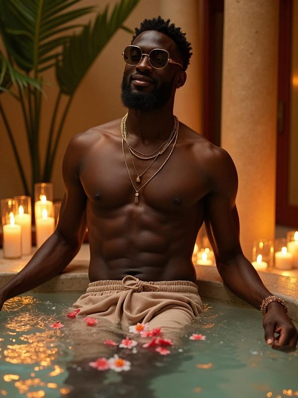 A man relaxes in a luxurious bath surrounded by candles and tropical decor.