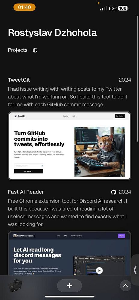 The image displays a mobile portfolio page featuring projects by Rostyslav Dzhohola.