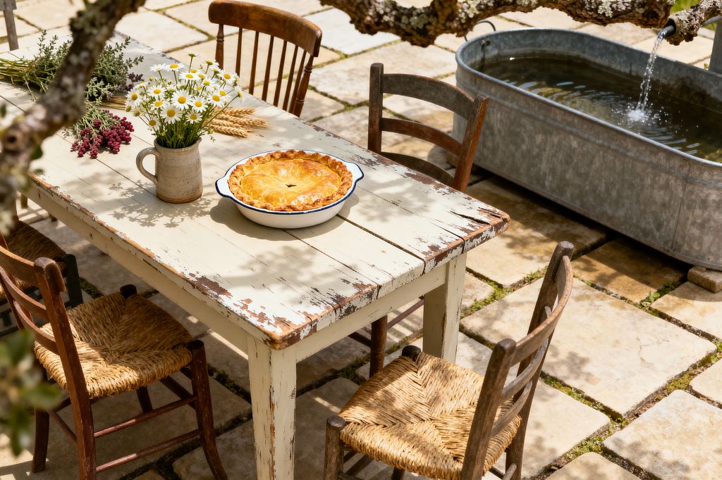An outdoor farmhouse patio shows a distressed cream-painted wooden table with mismatched wood chairs and rush seats. On the table are a stoneware jug of daisies, loose herbs and wheat, and an enamel pie dish, while a galvanized metal trough fountain trickles nearby on pale limestone pavers under dappled shade from a low tree branch.