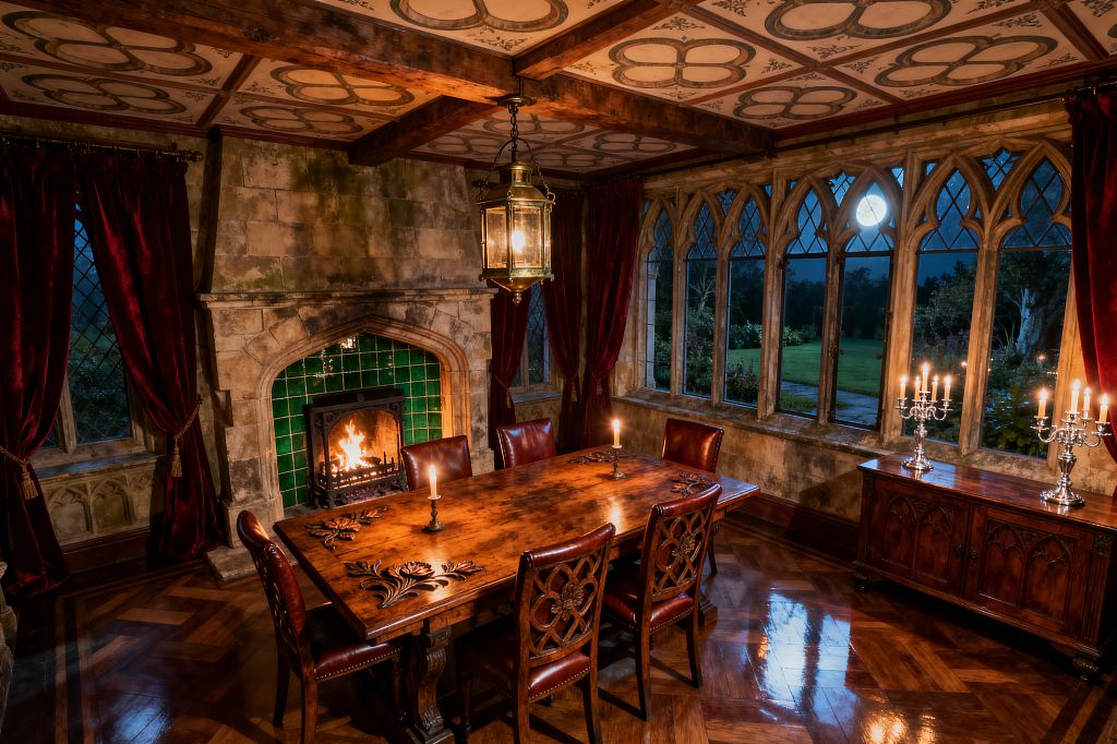 A Victorian dining room with Gothic-arched stone windows overlooks a moonlit garden while a fire burns in a fireplace lined with emerald green tiles. A glossy herringbone wood floor supports a carved mahogany table and leather chairs; crimson velvet drapes, a brass lantern pendant, and silver candelabra spread warm candlelight across aged stone walls and a coordinating sideboard.